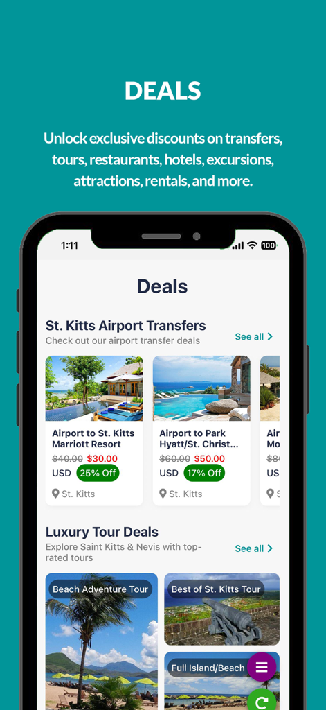 CaribeZyne app screen displaying exclusive travel deals and discounts for St Kitts airport transfers and luxury tours