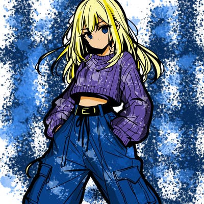 anime teen girl with baggy pants and crop top with sweater