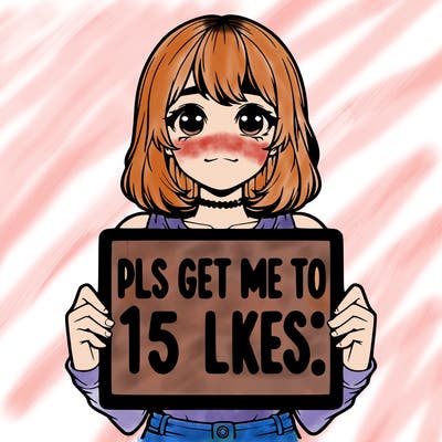 realistic girl holding up a sign that says “pls get me to 15 likes!”
