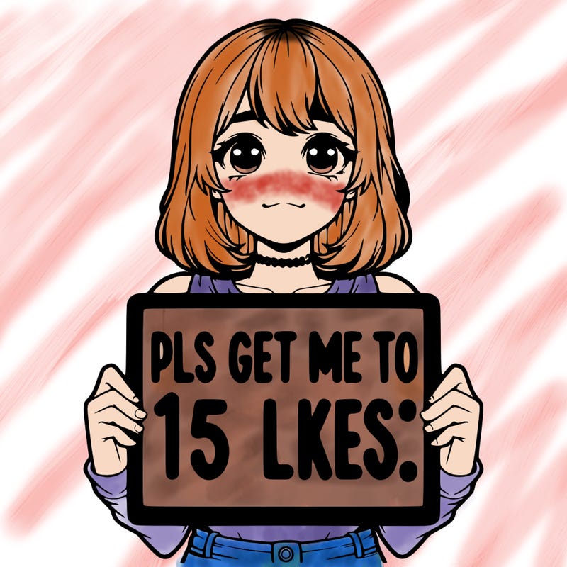 realistic girl holding up a sign that says “pls get me to 15 likes!”
