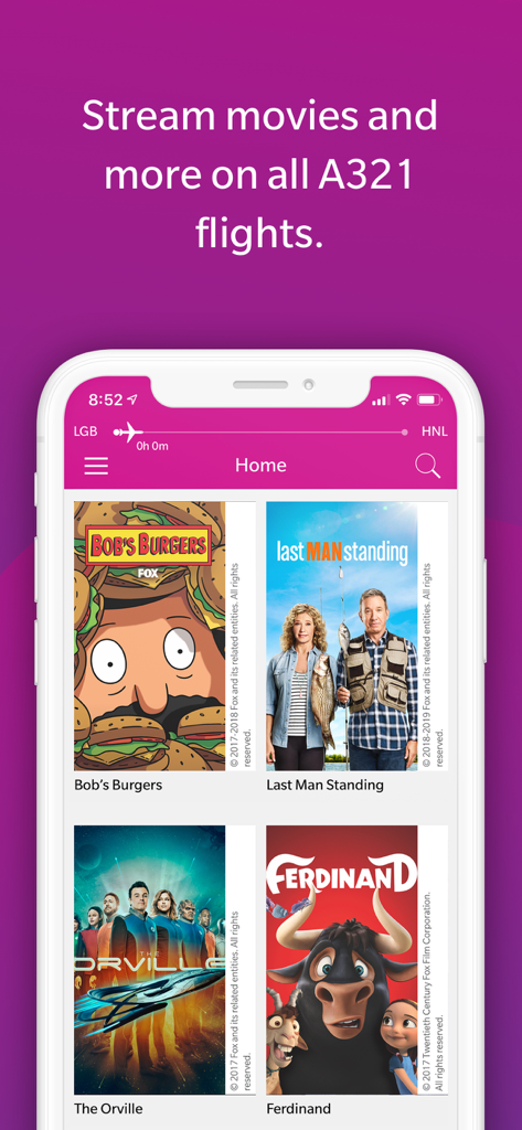 기내 영화 및 TV 프로그램 스트리밍 옵션을 보여주는 하와이안 항공 앱 화면