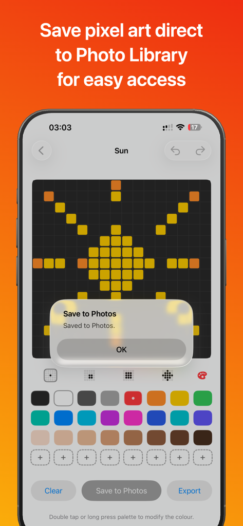 Pixel Draw 16x16 interface showing a sun pixel art being saved to the photo library