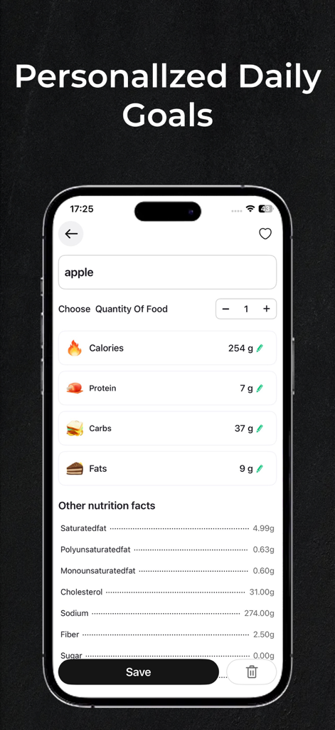 KCal AI:CalorieTracker&Counter - KCal AIアプリのインターフェース。カロリー、タンパク質、炭水化物、脂肪を含む詳細な食品栄養成分を表示。