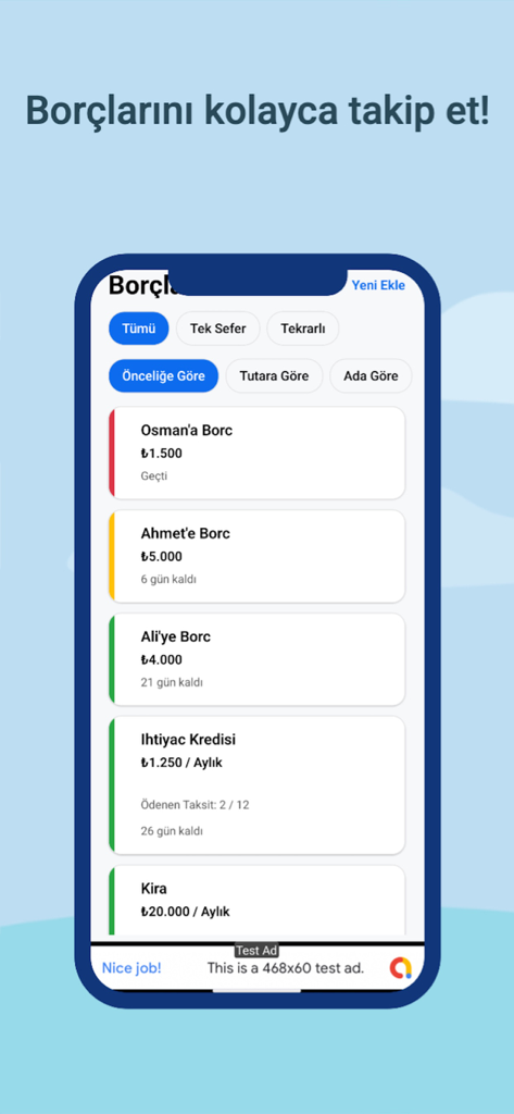 Borç Defteri - Bildschirm der mobilen App von Borc Defteri, der eine Liste persönlicher Schulden und Kredite mit farbcodierten Statuswarnungen anzeigt