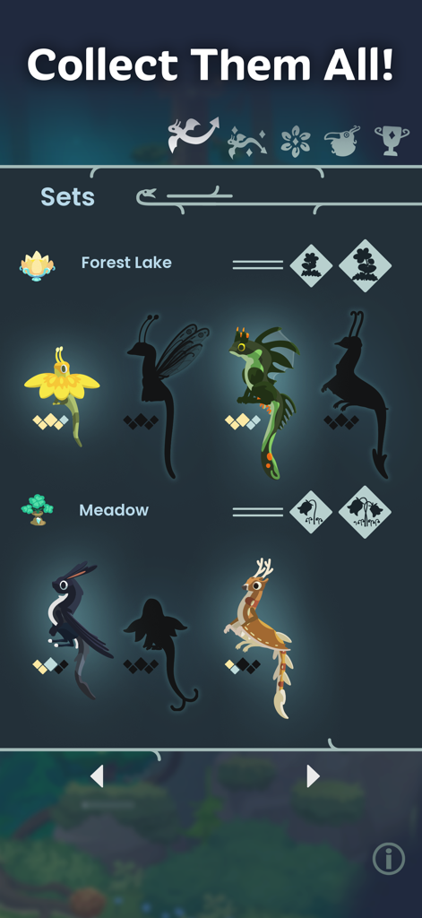 A collection screen in Hatch Dragons displaying different dragon sets including Forest Lake and Meadow with unlocked creatures and silhouettes.