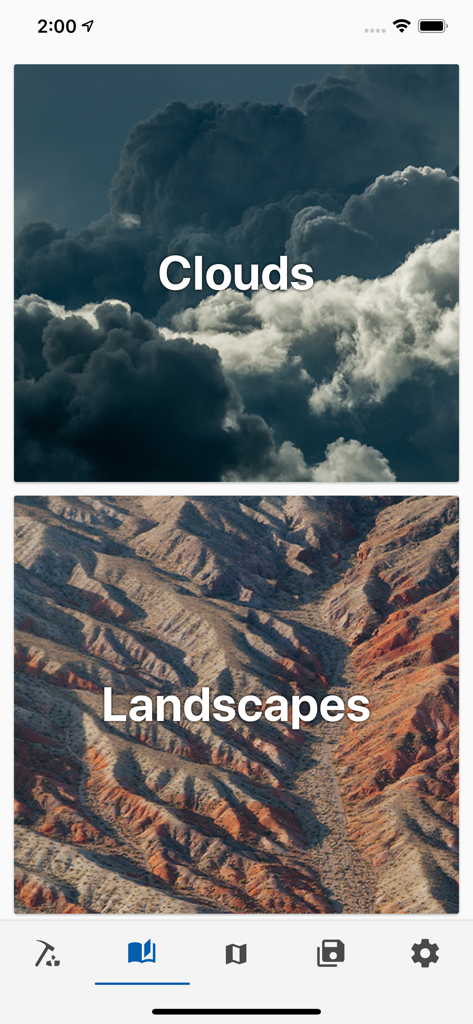 空からの発見のための「雲」と「風景」のカテゴリーを表示するモバイルアプリのインターフェース