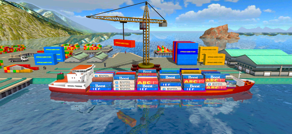 Un gran buque de carga siendo cargado con contenedores de colores por una grúa portuaria en un puerto.