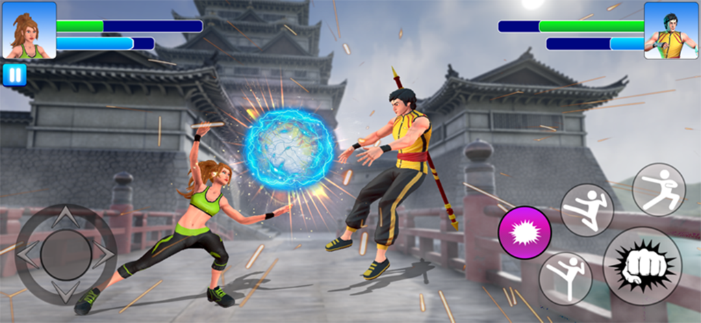 Kung Fu GYM: Fighting Games - A martial arts combat scene between two fighters with special effects in front of an ancient temple