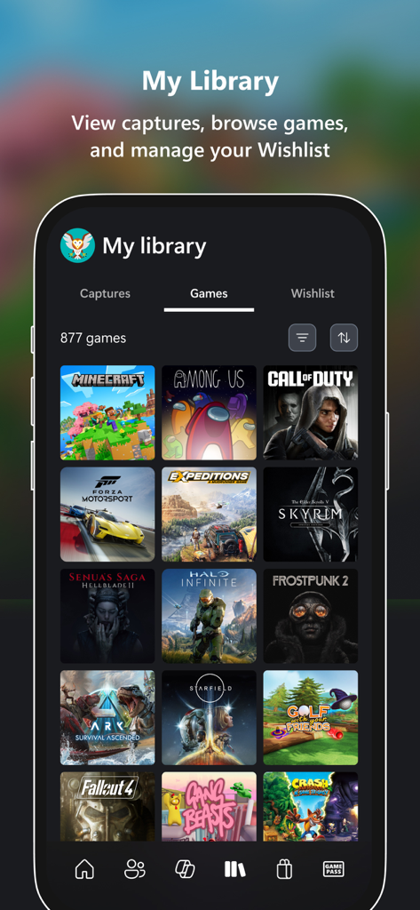 Xbox - Oberfläche der Xbox-Mobil-App mit einer Spielebibliothek auf einem Smartphone