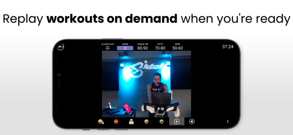 Clase de ciclismo indoor bajo demanda con métricas de rendimiento en vivo en Spivi Home.