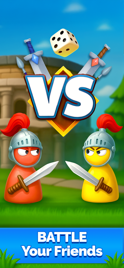 Zwei animierte Ludo-Ritterfiguren stehen sich im Kampf gegenüber, mit einem Würfel und einem VS-Logo.