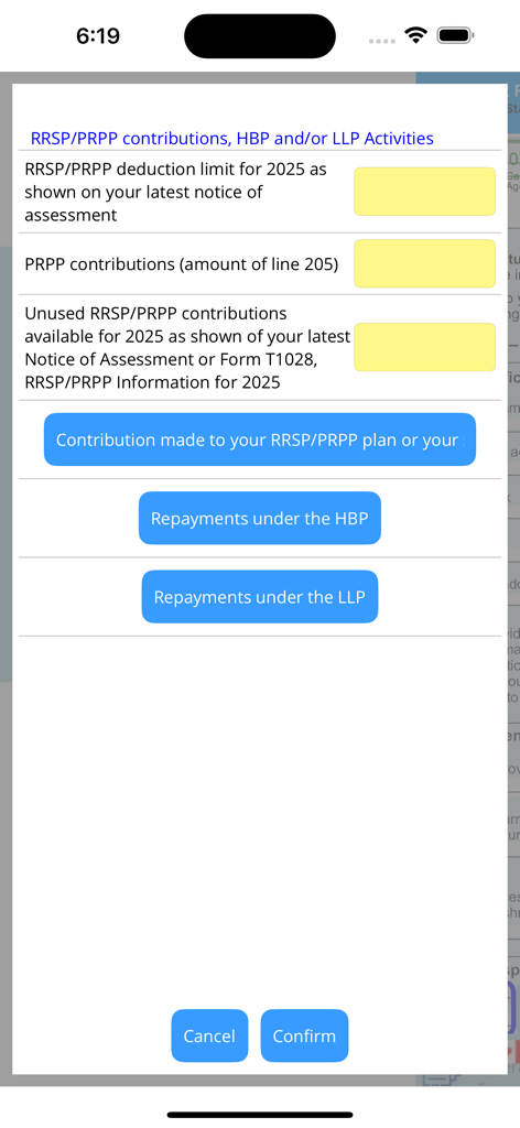 StudioTax 2025 - Interfaz móvil de StudioTax 2025 para introducir contribuciones y reembolsos de RRSP y PRPP