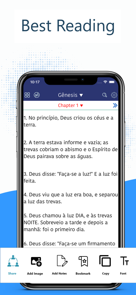 Bíblia Ave Maria PRO - Smartphone screen showing the Portuguese text of Genesis Chapter 1 in the Biblia Ave Maria PRO app with reading and sharing tools
