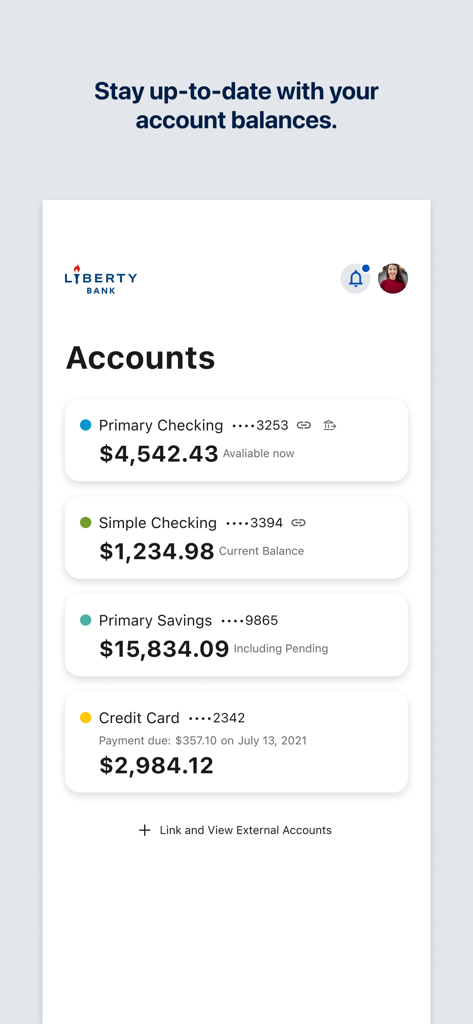 Liberty Bank CT - Liberty Bank CT mobile app dashboard displaying checking savings and credit card account balances