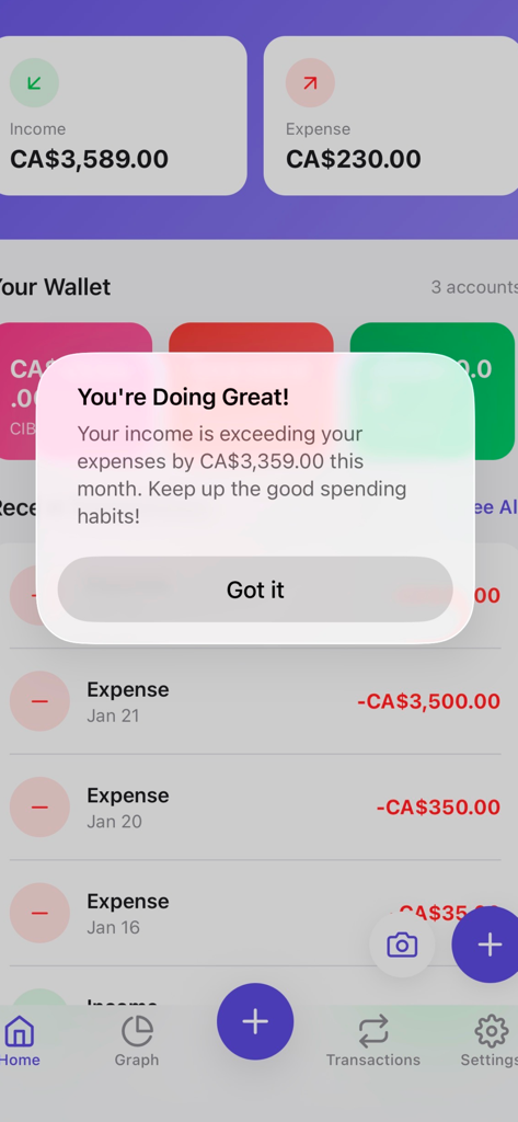 Steps Budget Tracker - Steps Budget Tracker app interface showing income and expenses with a positive motivational popup message.