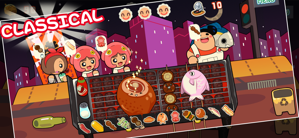 Cartoon characters waiting for grilled food in BBQ Cooking Master game screen