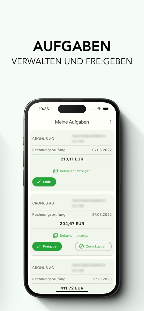 RechnungsManager - Smartphone-Bildschirm mit Rechnungsfreigabeaufgaben in der RechnungsManager-App.