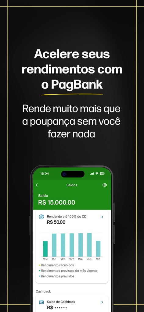 Banco PagBank app screen showing account balance and monthly earnings graph