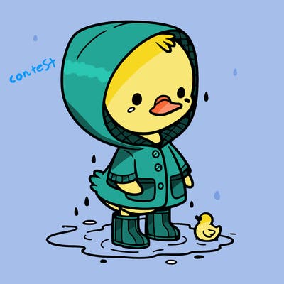 baby duck in a rain coat and boots, in a puddle while it’s raining