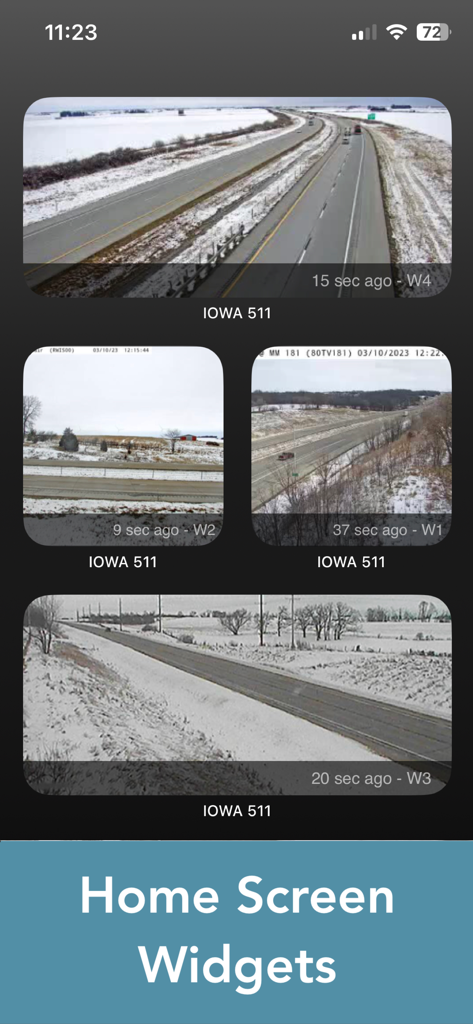 Iowa 511 Traffic Cameras - iOS home screen widgets for the Iowa 511 Traffic Cameras app showing live snapshots of snowy road conditions