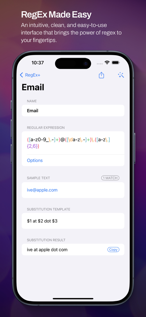Interfaz de RegEx plus móvil mostrando una prueba de patrón de validación de correo electrónico