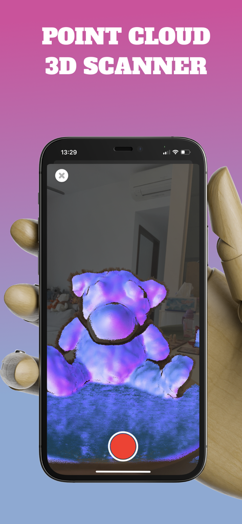 3D Scanner App - iPhone画面にテディベアの点群スキャンを表示する3Dスキャナーアプリのスクリーンショット