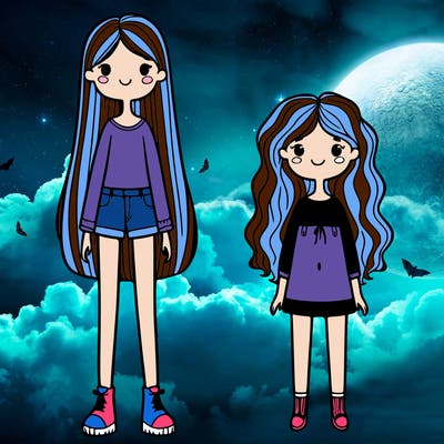 one tall girl with long straight hard and another short girl with mid curly hair