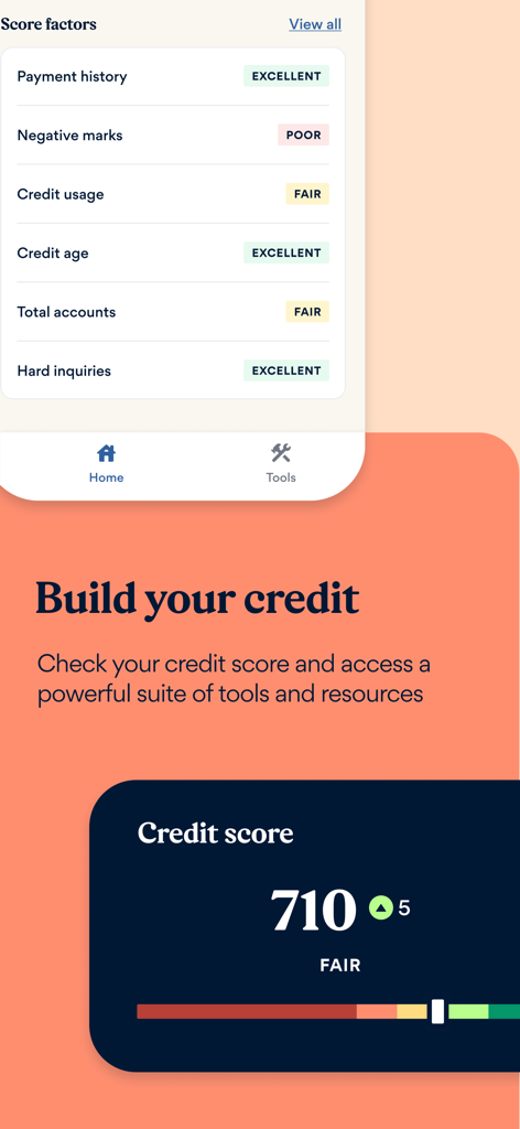 Best Egg app interface showing a 710 credit score and list of credit score factors like payment history and credit usage