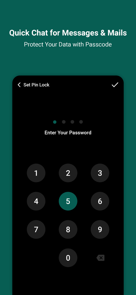 Pantalla de teclado numérico para configurar un bloqueo de PIN para proteger los datos de chat y correo electrónico.
