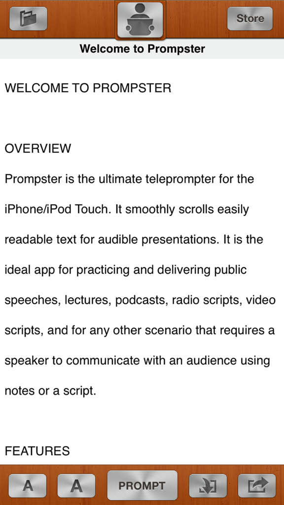 Prompster Pro™ - Teleprompter - Pantalla de bienvenida de la aplicación teleprompter Prompster Pro con texto de descripción general y botones de control