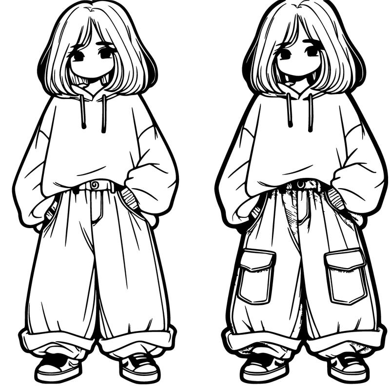 one girl wearing baggy jeans and sweatshirt