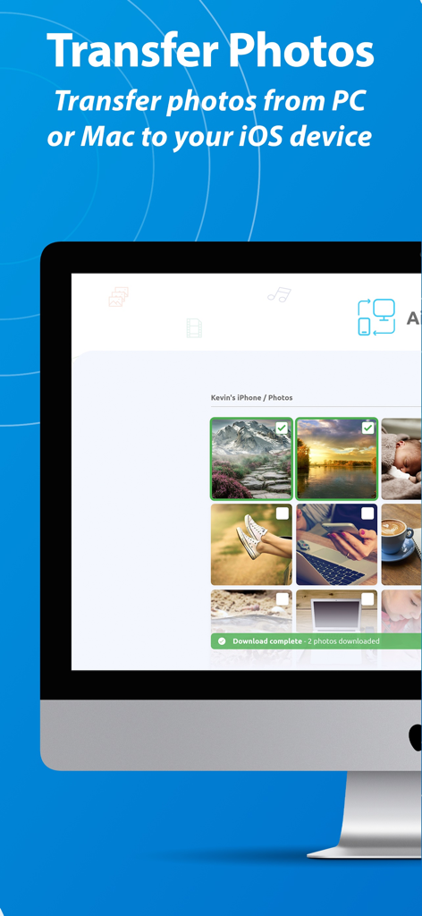 Air Share Wifi File Transfer - Interfaz de escritorio de Air Share mostrando fotos siendo transferidas de una computadora a un dispositivo iOS a través de un navegador web
