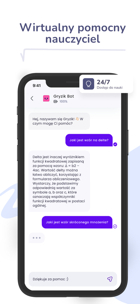 Matematyka Gryzie app showing a chat with the Gryzik AI assistant for math help