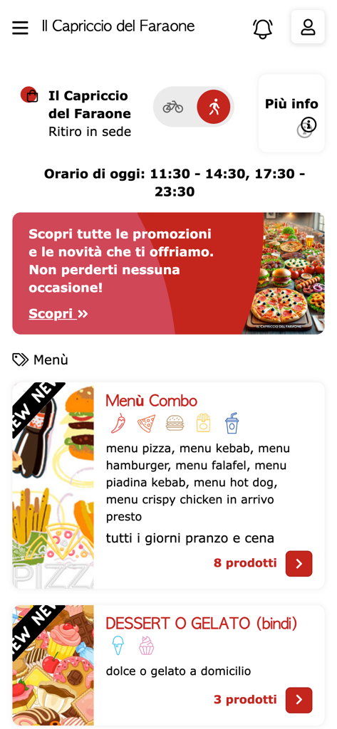Il Capriccio del Faraone - Interfaz de la app móvil Il Capriccio del Faraone mostrando opciones de menú de comida y configuraciones de entrega