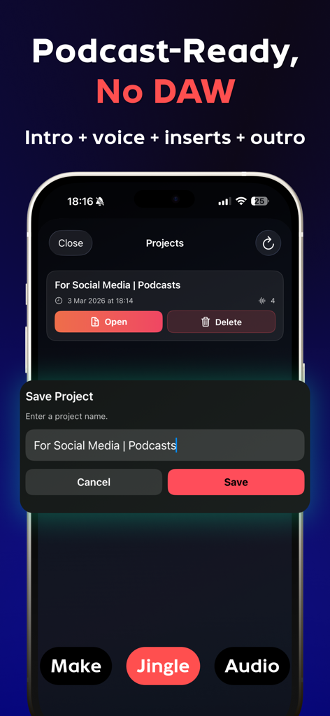 La pantalla Guardar proyecto de la aplicación mezcladora de audio Overlapper para podcasts móviles.