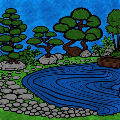 a serene zen garden with raked gravel, bonsai trees, and tranquil ponds