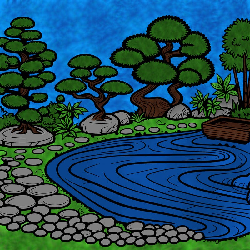 a serene zen garden with raked gravel, bonsai trees, and tranquil ponds