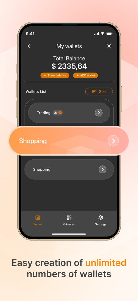 Smart Wallet App - iPhone display of the Smart Wallet App showing multiple user created wallets and a total account balance.