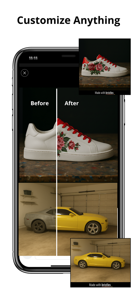 Visualisation avant/après d'une chaussure personnalisée à motifs floraux et d'une maquette de peinture de voiture jaune sur l'interface de l'application Bristles AI.