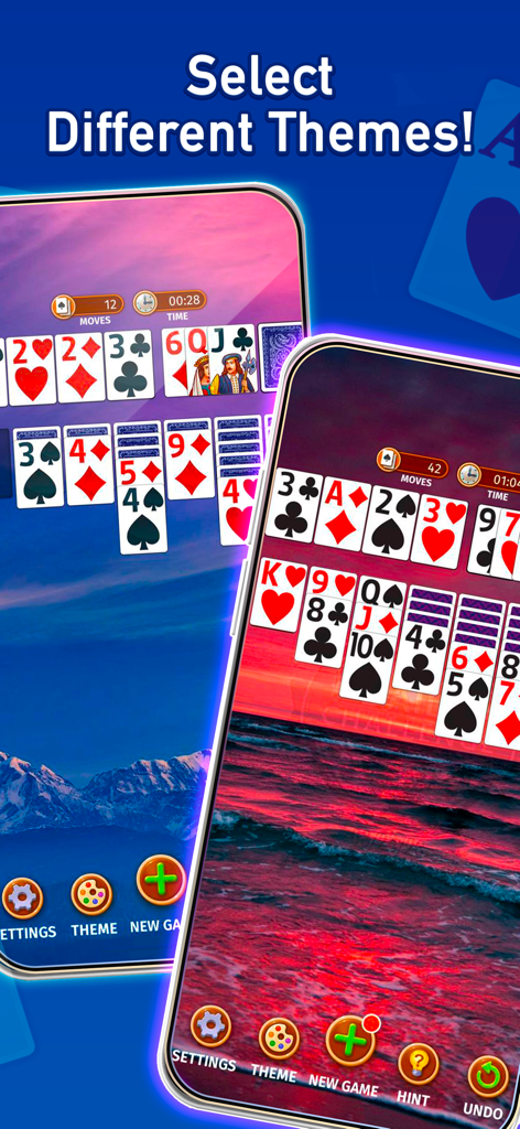 Solitaire: Classic Cards Games - Two mobile phones displaying different scenic background themes in the Solitaire app