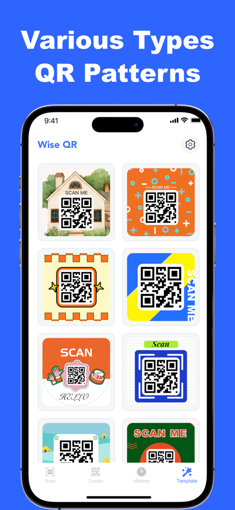 Wise QR - Barcode Scanner - Una pantalla de aplicación móvil mostrando varias plantillas de códigos QR personalizadas, coloridas y artísticas