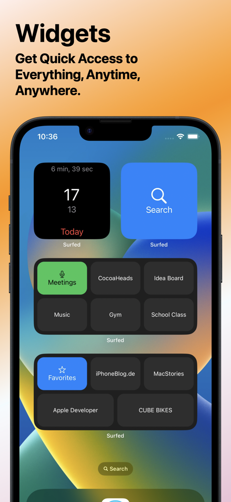 Surfed Pro Browser & Bookmark - Surfed Pro browser widgets on an iPhone home screen showing search, browsing time, and categorized bookmarks