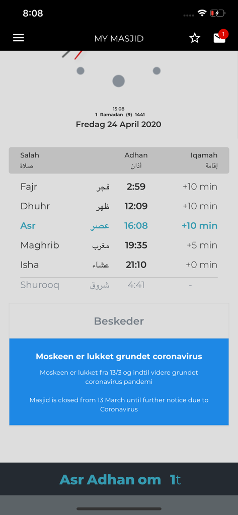 My Masjid Community - My Masjid Community app interface showing prayer timings and local masjid alerts