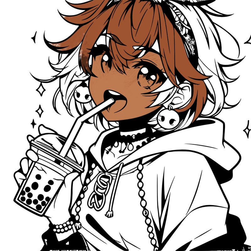 hot baddie anime girl drinking boba and biting the straw