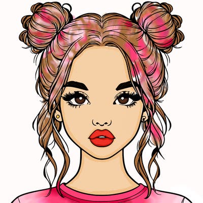realistic girl with two buns in hair and lips