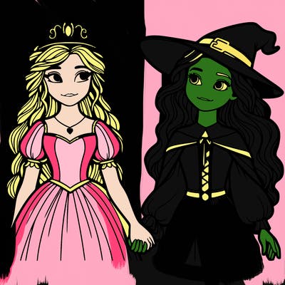 a princess and a witch holding hands realistic