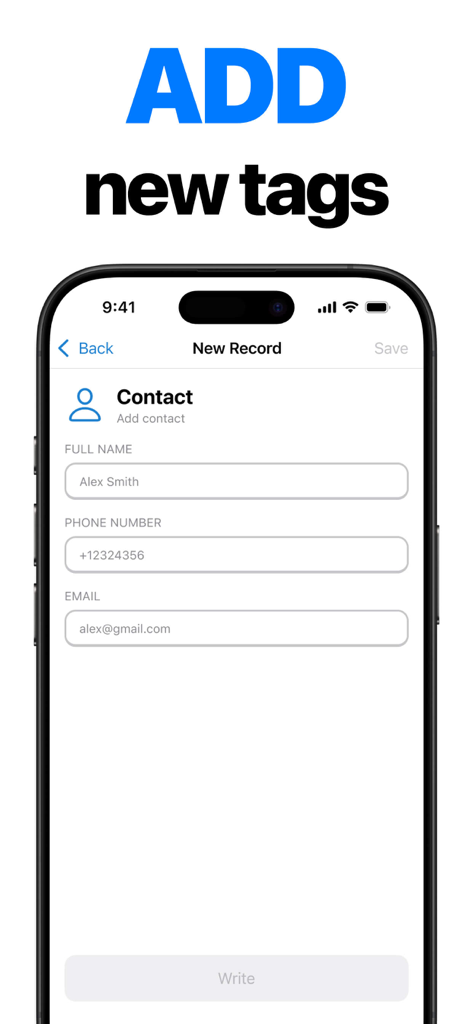 NFC Tools: Tag Reader,Writerㅤ - Pantalla de la aplicación NFC Tools mostrando la creación de un registro de contacto para escribir en una etiqueta NFC