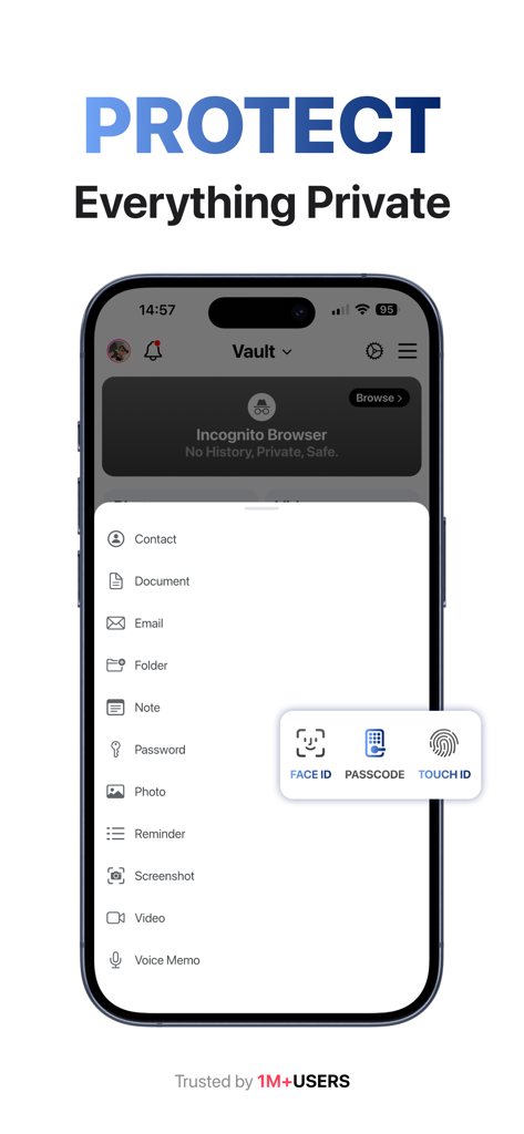 Secret Photo Vault: Safe Files - Secret Photo Vaultアプリのインターフェース、プライベートコンテンツカテゴリとFace IDやTouch IDなどのセキュリティロックオプションが表示されています
