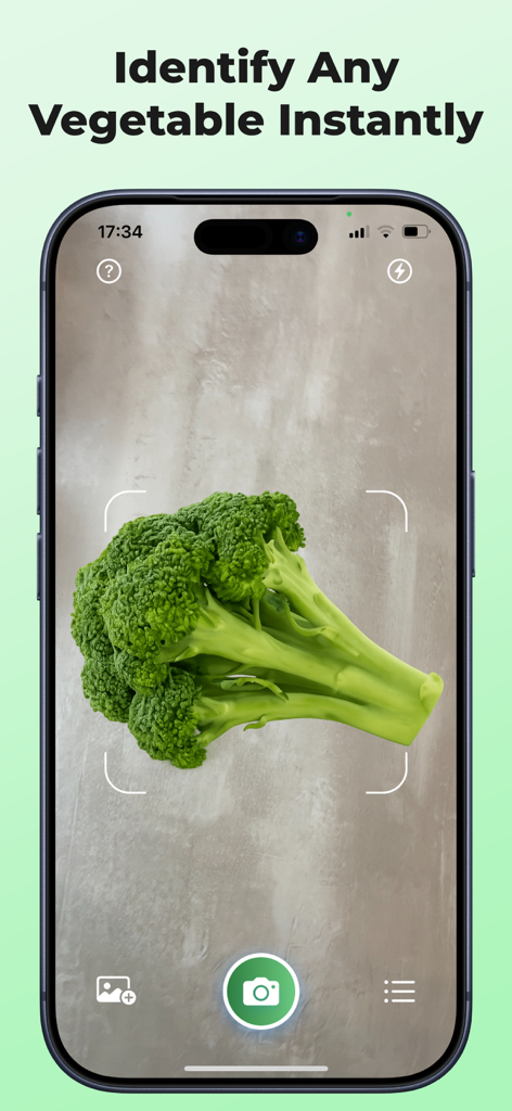 Vegetable Identifier: Scan AI - Smartphone screen showing the Vegetable Identifier app scanning a head of broccoli