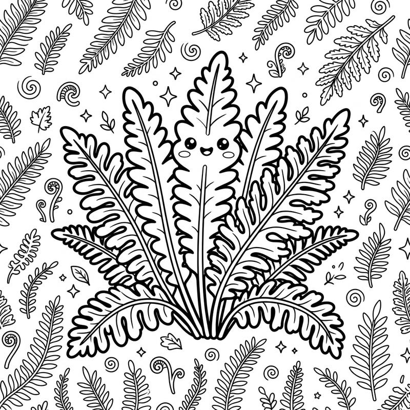 Dive into the cutest side of nature with our Kawaii Cinnamon Fern coloring page, featuring thick outlines and an adorable design. Enjoy bringing vibrant life to this cheerful plant and its delightful background patterns.